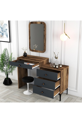 Lizbon Makyaj Masası Aynalı - Ceviz / Antrasit
