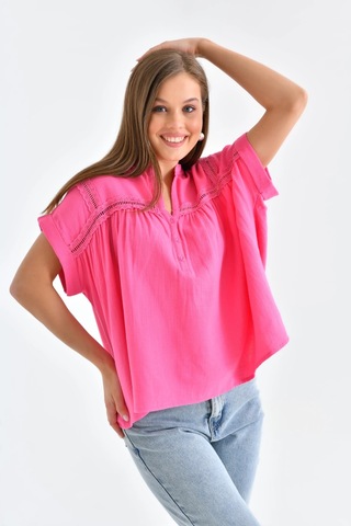 Dantel Detay Kısa Dokuma Bluz FUŞYA