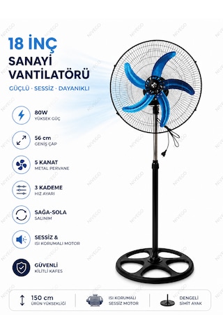 Nvg 18 İnç Sanayi Tipi Vantilatör 80w Güçlü Sessiz Ayaklı Fan 5 Kanat 3 Kademeli 56cm Geniş Çap Pervane