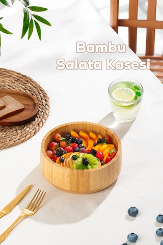 Porsima 2074 Orta Boy Doğal Bambu Salata Kasesi 18cm Bambu
