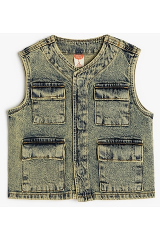 Koton Biker Kot Yelek Kolsuz Kapaklı Cepli Orta İndigo 4smb60005td