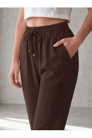 Nealirsanall.com Kadın Beli Bağcıklı Keten Pantolon - Duble Paça Havuç Kesim Pantolon Lacivert