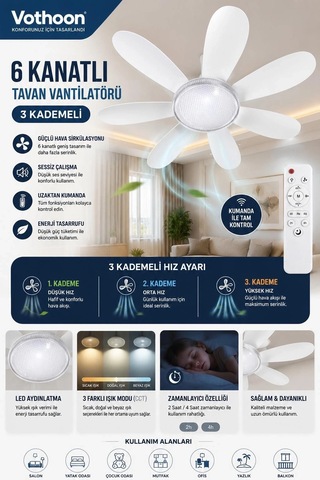 Mep 6 Kanatlı 3 Kademeli Led Aydınlatmalı Uzaktan Kumandalı Tavan Vantilatörü Najmaddin