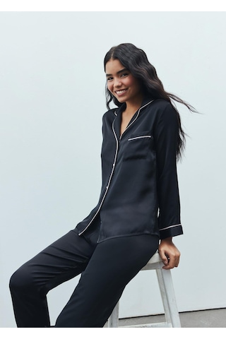 Amour Siyah Uzun Saten Pijama Takımı Siyah