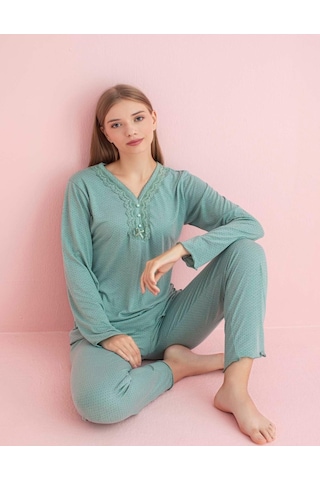 Pijamerry Kadın Dantel Yaka Bambu Uzun Kol Pijama Takımı 5208 - 1 Adet Yeşil