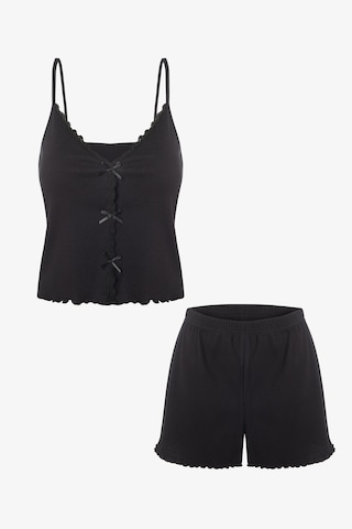 Kadın İnce Askılı Dantelli Fiyonklu Pamuklu Şortlu Pijama Takımı Kk30227 Siyah