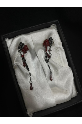 Dükkan Design Sallantılı Gotik Gül Küpe Kırmızı - Siyah