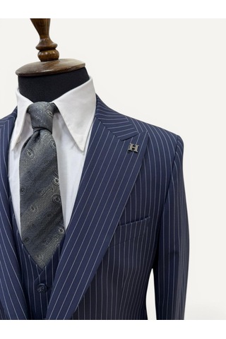 Hermose Sartorial Gece Mavisi Çizgili Yelekli Takım Elbise Mavi