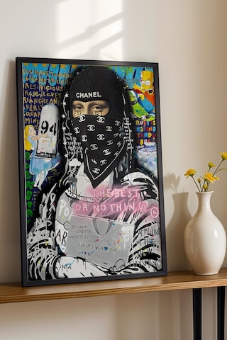 Chanel Maskeli Mona Lisa Çerçeveli Tablo Lüks Butik Güzellik Salonu Dekoru Street Art