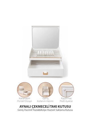 Aynalı Çekmeceli Takı Kutusu Aynalı Kapak Çekmeceli Tasarım Yüzük Kolye Saat Saklama Organizer Krem