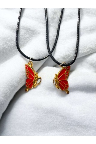 Kelebek Kırmızı Renkli İki Adet Mıknatıslı Çift Sevgili Anahtarlı Çok Renkli