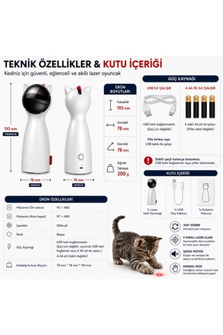 Hpytech Otomatik Lazer Kedi Oyuncağı Hpytech Lazer Işıklı Kedi Oyuncağı 5 Hareket Seviyesi Usb & 4 Aa Pil Destekli Manuel Modlu İnteraktif Kedi Oyuncağı