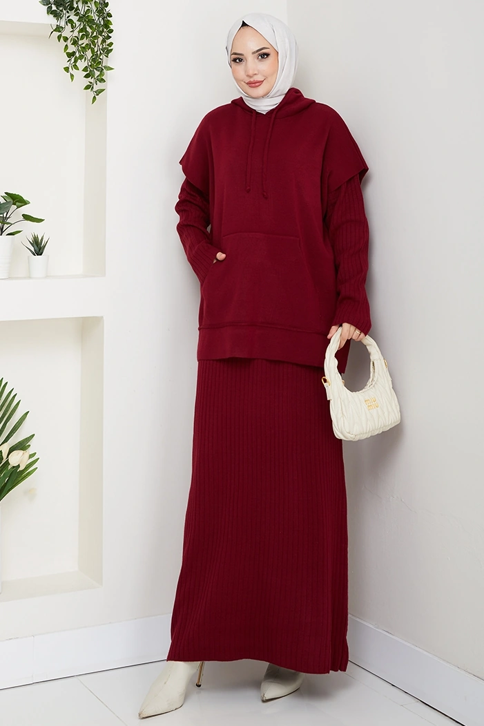 Bestenur Kapüşonlu Tunik Elbise Triko Takım 1645 - Bordo Bordo