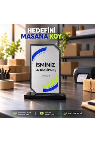 Kişiye Özel Füme Kristal Cam Plaket 12x19 Cm İsimli Ve Tarihli Başarı Ödülü Almera Craft 12 19