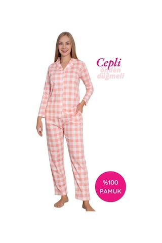 Alimer Kadın Ekose Desen Gömlek Yaka Önden Düğmeli %100 Pamuk Penye Mevsimlik Uzun Kol Cepli Pijama Takımı Pembe