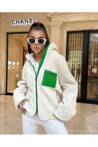 Kadın Uzun Kollu Renkli Cep Ve Fermuar Detay Peluş Mont Ekru