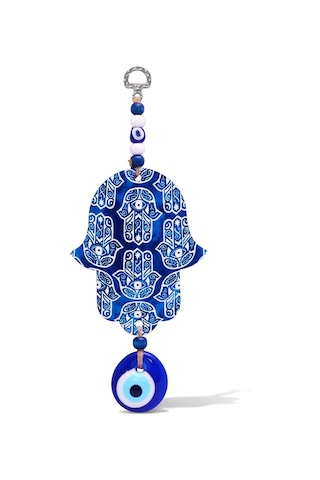 İlyasoğlu Hamsa Lazer Kesim Tahta Renkli Desenli Duvar Süsü Cam Nazarlık Sallantılı 26x10cm