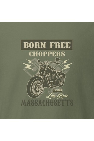 Wildstyle Born Free Choppers Motosiklet Vintage Chopper Baskılı Unisex Bisiklet Yaka Pamuklu Tişört - Haki