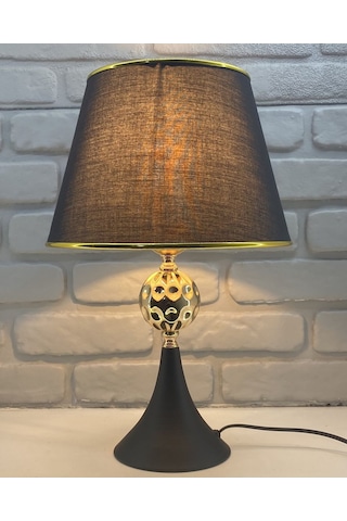 Siyah Ayaklı Gold Dövmeli Toplu Siyah Gold Şeritli Şapkalı Abajur Siyah - Altın