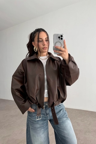 Pop Story Kadın Oversize Bomber Premium Deri Ceket Kemerli Kahverengi Kahverengi