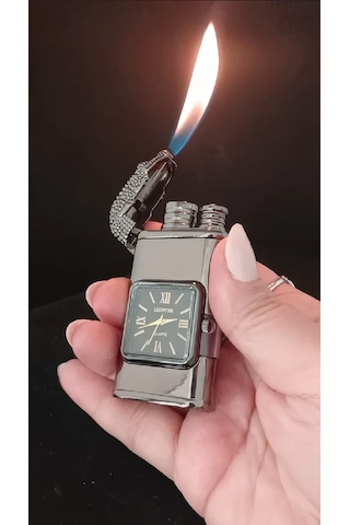 Füme Metal Timsah Başlıklı Saatli Jet Alevli Çakmak Çok Renkli