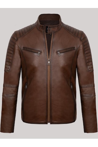 Hakiki Kuzu Derisi Kahverengi Erkek Deri Mont Bel Işlemeli Deri Ceket Kahverengi