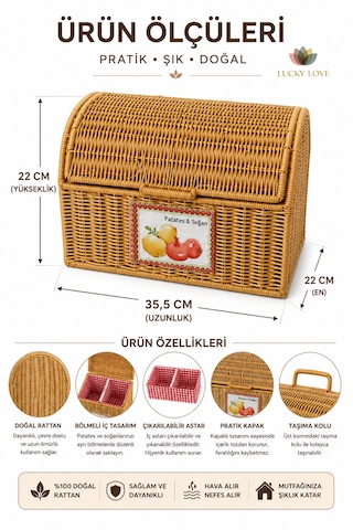 Rattan Bölmeli Patates Soğanlık Kapaklı Mutfak Saklama Sepeti Çıkarılabilir Astarlı Bej