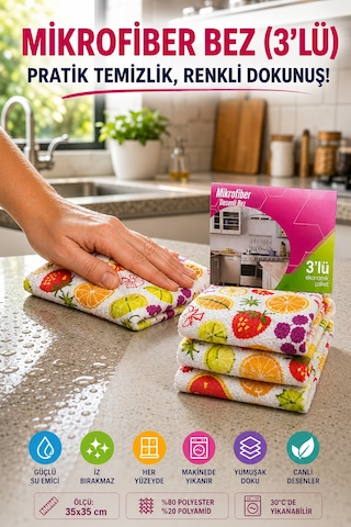 Renkli 3'lü Mikrofiber Temizlik Bezi 35x35 Cm Çok Amaçlı Mutfak Cam Banyo Silme Ve Kurulama Bezi Diğer