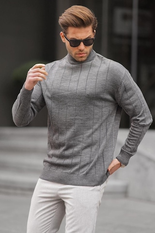 Madmext Antrasit Slim Fit Yarım Balıkçı Yaka Çizgili Tüylenmeyen Erkek Triko Kazak 6344 Antrasit