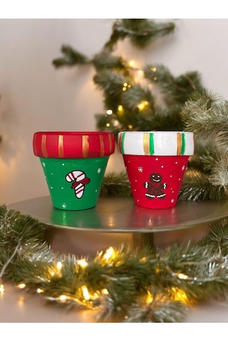 El Çizimi Yılbaşı Saksı Seti Kurabiye Ve Noel Şekerli Çok Renkli
