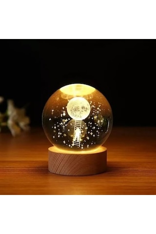 Kristal Cam Küre Led Işıklı Usb Kablolu Ahşap Stantlı Gece Lambası Dekoratif Hediyelik Astronot