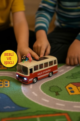 Nostaljik Halk Otobüsü 11 Cm Pilli Sesli Işıklı Kapısı Açılır Yumuşak Tekerlekli - Kırmızı