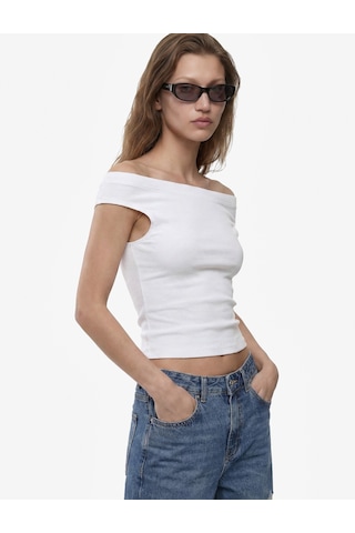 Koton Pamuklu Ribanalı Slim Fit Omzu Açık Madonna Yaka Tişört Beyaz 6sak50503ek