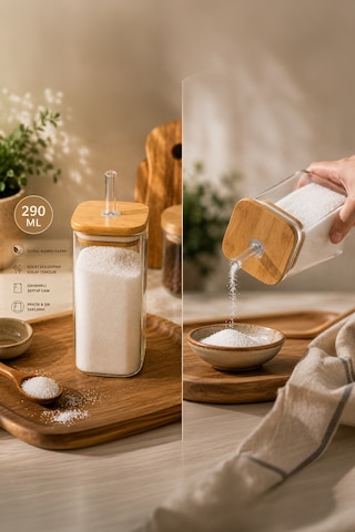 Porsima Cubes 2'li Bambu Kapaklı Borosilikat Cam Yağlık Ve Baharatlık Seti 290 Ml 6x10 Cm