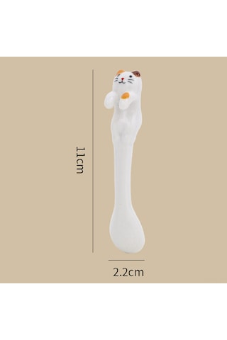 Neevoyu Seramik Kedi Şekilli Kadeh Ve Kaşık Seti, Askı Yüklü, Glaze Kaplama, 300 Ml, Beyaz, Kızlar İçin Hediye Beyaz