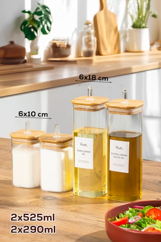 Perotti Cubes Borosilikat 4 Lü Pratik Mutfak Seti Bambu Kapak-yağlık Sosluk Sirkelik Şekerlik Şeffaf