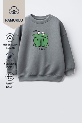 Monila Unisex Çocuk Kurbağa Baskılı 3 İplik Kumaş Pamuklu Sweatshirt Antrasit