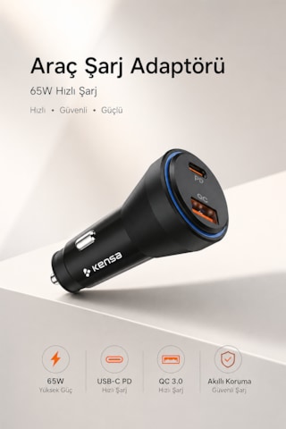 Kensa 65w Çift Portlu Hızlı Araç Şarj Cihazı Usb-c Pd & Usb-a Qc Akıllı Koruma 65w Araç Şarj Cihazı