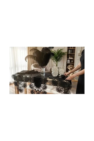 Storeşahin Salon Takımı 5 Parça Keten Masa Örtüsü Yolluk Seti Çeyizlik Palmiye Model No 2656560 Siyah Shn0720