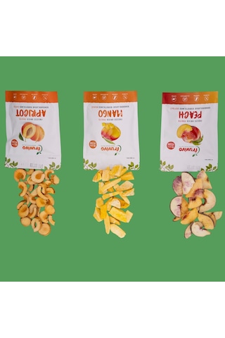 Fruvivo 3'lü Freeze Dry Paket - Kayısı + Mango + Şeftali - Dondurularak Kurutulmuş Meyve Cipsi Şeker İlavesiz %100 Doğal Vegan 65 G
