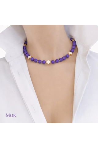 Luna Yonca Detaylı Lav Taşı Choker Doğal Taş Kolye Mor