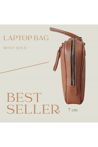 Hakiki Deri 15 İnç Laptop Çantası - El Dikimi Özel Tasarım Bilgisayar Çantası - Taba Taba Deri