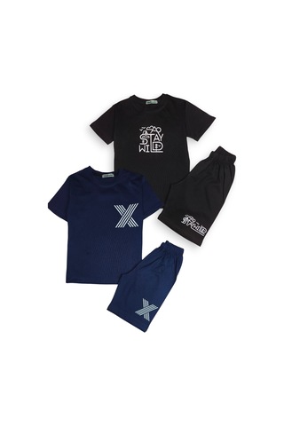 Minik Motion 2'li Set Kısa Kollu Tshirt Ve Şortlu Çocuk Minikmotion Alt Üst Takım Lacivert - Siyah