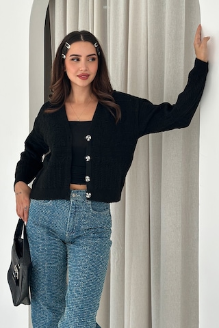 Noa & Noa Kadın V Yaka Düğmeli Triko Hırka Textured Grace Siyah