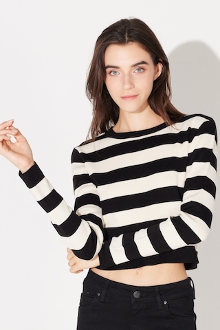 Lee Slim Fit Dar Kesim Bisiklet Yaka Siyah Beyaz Çizgili Crop Triko Kazak L232492001 Siyah