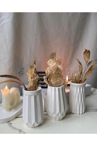 Geometrik Desenli Vazo Set 6 Lı 12 Cm Beyaz