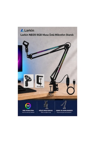 Larkin Nb39 Rgb Demir Masa Üstü Yayıncı Mikrofon Standı Boom Arm Siyah