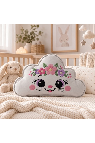 Bk Gift Sevimli Yüz Tasarımlı Gri Bulut Yastık-2 - Bebek Ve Çocuk Odası Dekoratif Yastık 34,5x22 Cm