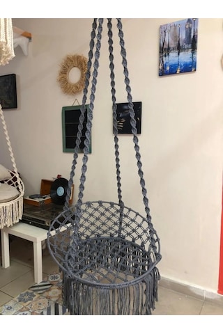 Aslanbutik Makrome Özel Örgü Burgu Halatlı Gri Salıncak Hamak Gri