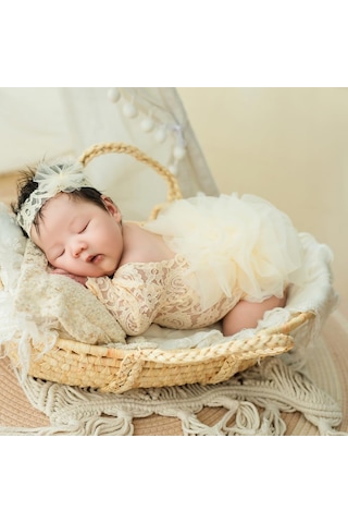 Doğan Kız Fotoğraf Çekim Kıyafetleri Dantel Doğumlu Fotoğraf Kıyafetleri Bebek Zarif - Bej Bej